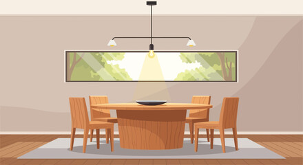 Modern dining room with wooden table, chairs, and abstract forest painting
