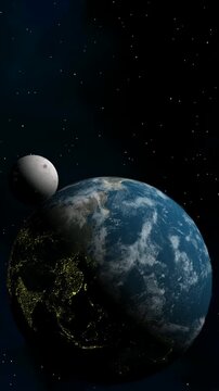 High resolution outer space motion of Earth rotation from Asia with top right sunlight, moon designed for vertical looped background