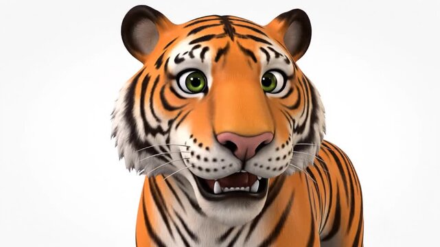 Animated Young Tiger Walking on White Background in Playful Motion