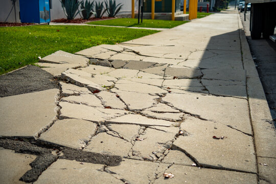 Damaged concrete sidewalk with large cracks and uneven slabs on a sunny day