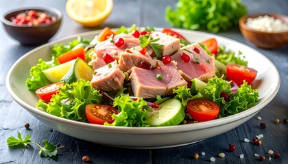 Close-up of a colorful, healthy salad with tuna, tomatoes, and pomegranate seeds