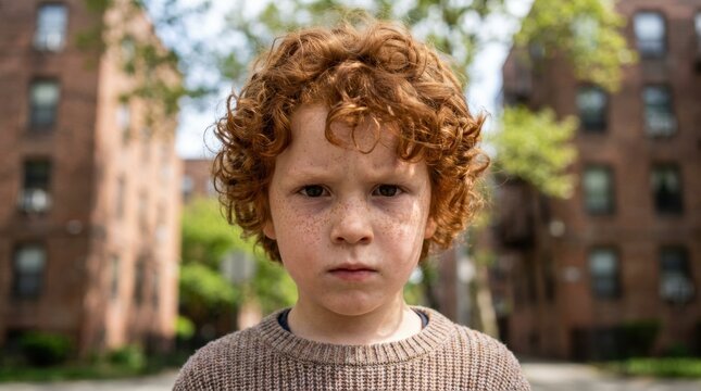 Serious young boy with curly red hair and freckles looks directly at the camera with an intense gaze, standing outdoors on a city street with blurred buildings in the background
