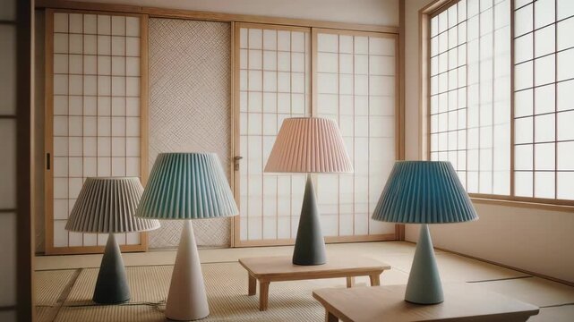 Four lamps with pleated lampshades and a minimalist design stand on wooden tables, placed in an open interior with traditional Japanese style, featuring Shoji screens. 