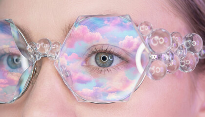 Dreamy Perspective: Woman's Eye Reflecting Pastel Clouds in Futuristic Glasses