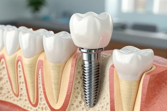 Detailed 3D render of a single tooth implant, showing the titanium post and ceramic crown within a cross-section of gums and bone.