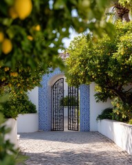 Obraz premium Mediterranean courtyard entrance featuring a wrought iron gate framed by lush greenery and vibrant lemon trees, with decorative blue tiles and cobblestone pathway visible