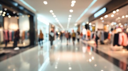 Fototapeta premium People walk through a shopping mall filled with various clothing stores. Bright lights and displays catch the attention of shoppers. The atmosphere feels lively and energetic.