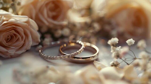 Two wedding rings sit next to a bouquet of flowers, symbolizing love and commitment