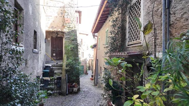 Narrow Medieval Streets of Bracciano Old Town, Italy, Slow Motion