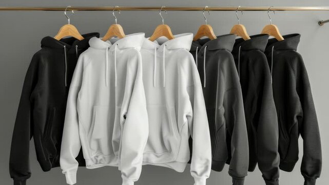 A row of black and white hoodies hung on a clothes rack, great for fashion, lifestyle or editorial use
