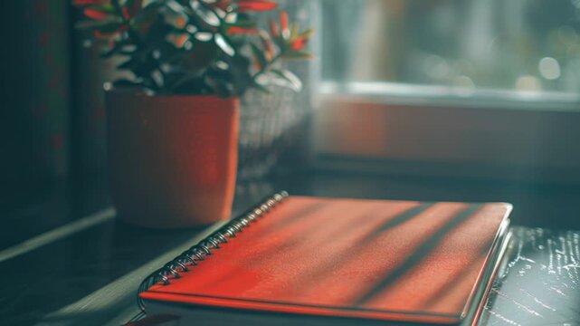A red notebook sits on a table next to a green plant, perfect for study or writing