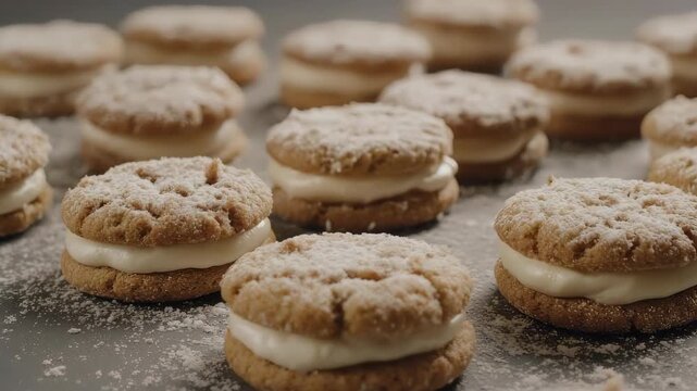 Close-up shot of several sandwich cookies with cream filling, arranged on a surface, dusted with powdered sugar.