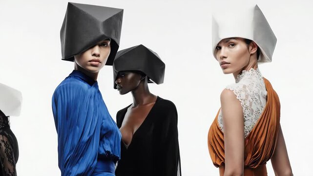Elegant fashion models in geometric hats strike a pose, showcasing haute couture in a studio setting.