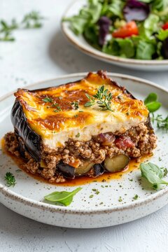 Greek moussaka with layers of eggplant, ground meat, and bechamel sauce, served on a rustic white plate with a side of Greek salad