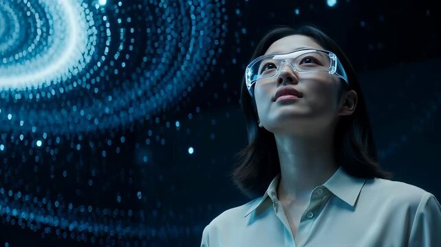 Futuristic Asian woman wearing smart glasses observing a swirling blue digital data vortex in a cinematic dark environment, representing virtual reality innovation
