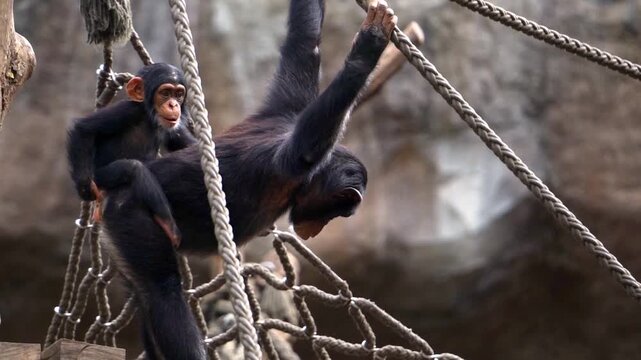 Mother and infant bond playfully, сhimpanzee mother swinging on rope structures, Closeup of lively chimp mother with juvenile securely attached on her back, maternal care scene in large zoo enclosure