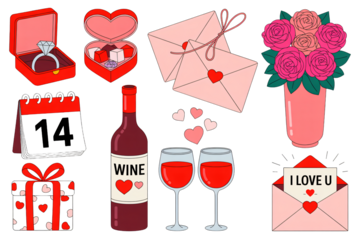 Valentines Day icons in red and pink colors with hearts and flowers in digital illustration style for greeting cards