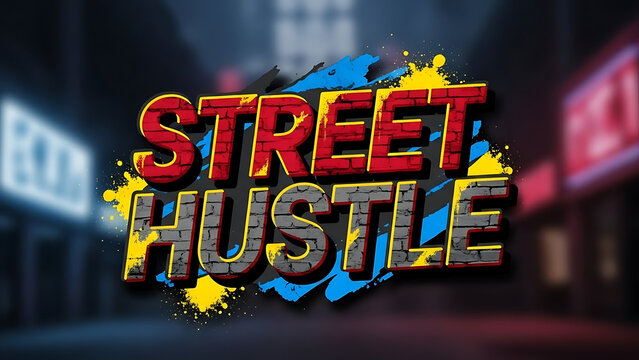 Bold street hustle typography with colorful splashes isolated on a transparent background