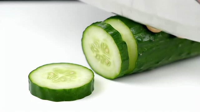A close-up shot of a green cucumber being sliced into thin rounds on a white surface with a knife.