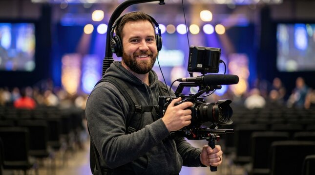 Friendly bearded cameraman with headphones holds a professional video camera on a stabilizer rig, smiling at the camera during a conference with a blurred stage background