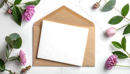 A blank white card within a brown envelope, adorned with flowers and greenery on marble