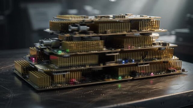 Macro close‑up of AI accelerator modules stacked in a pyramid, gold heat‑sink fins catching light, active micro‑LED indicators, detailed graphite metal textures, crisp reflections.