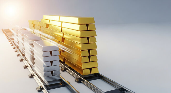 Stacks of gold and silver bars on conveyor belt