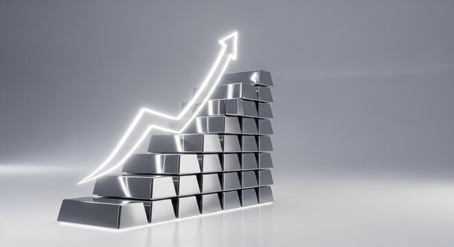 Shining silver bars stacked in pyramid with rising glowing arrow