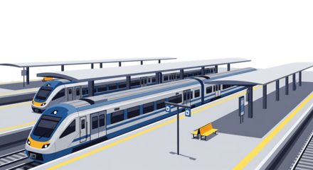 Modern Train Station with Sleek Trains and Platform Details in PNG Format