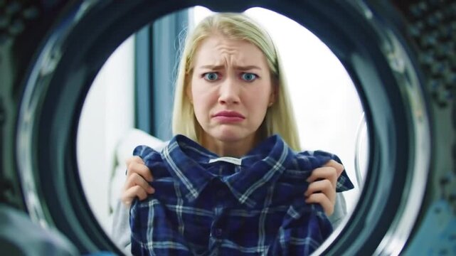 Distressed Young Woman Reacts to Laundry Disaster - Shocked Face Holding Shrunk Clothes from Inside Washing Machine.