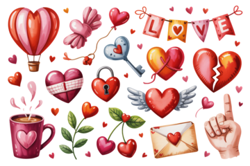 Valentines Day Clipart Elements in Watercolor Style with Pastel Colors and Heart Motifs for Romantic Greeting Cards