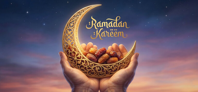 Ramadan Kareem crescent moon with golden dates in hands cosmic background