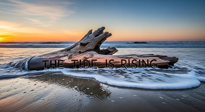 Log on beach with waves washing over it at sunset symbolizing rising tide and climate change