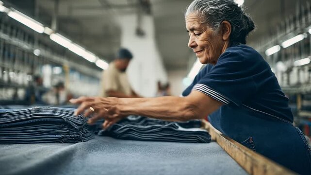 Senior Latina woman folding denim. Textile factory worker skillfully stacks jeans. Dedicated employee, hard work. Production line, industrial setting. Focused, experienced craftswoman.