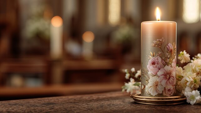 A lit candle with floral design on a table in a church with blurred pews in the background.