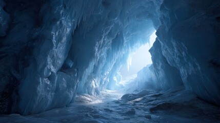 Stunning blue ice cave interior with glowing light. Frozen walls, sparkling icicles, and glacial formations in a cold cavern.