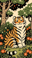 Tiger in jungle, ukiyo-e woodcut print style, simple flat illustration
