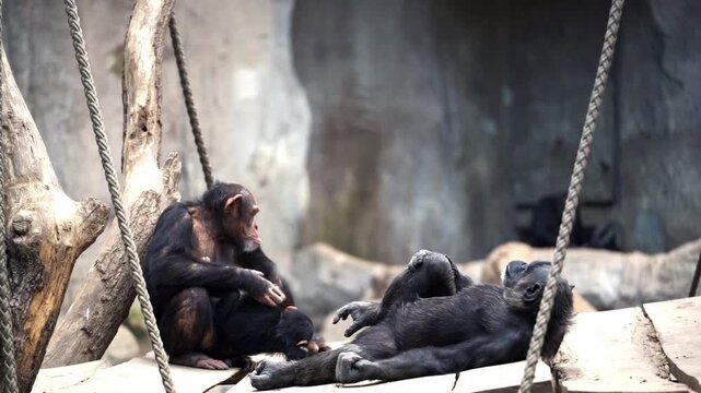 Chimpanzees relax and interact peacefully, Gentle chimpanzee companions enjoying calm companionship together, Two primates relax harmoniously on wooden perch showing affection and playfulness