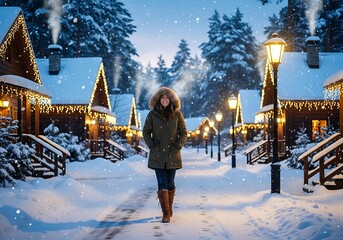 Woman walks down snowy village lane adorned with holiday illumination during falling snow