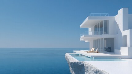 Stunning photo of Minimalist white modern villa on a cliff overlooking the calm blue ocean