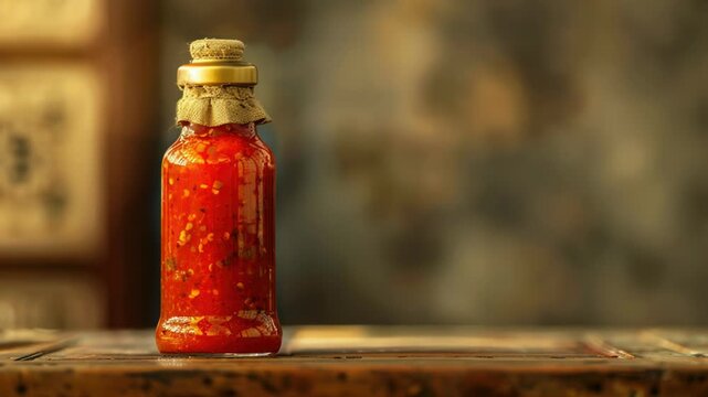 A bottle of hot sauce sitting on a wooden table, ready to add flavor