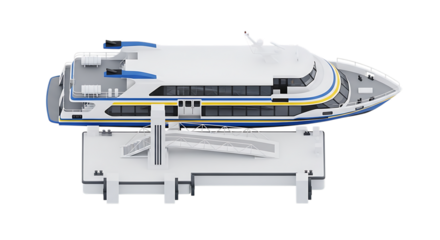 Modern passenger ferry docked at the pier top view, transportation PNG