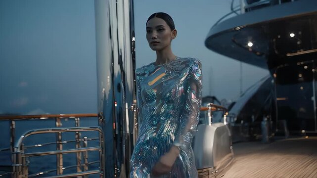 Elegant woman in glamorous attire on luxurious yacht under dim light 