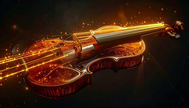 Golden violin emanating vibrant, fiery orange light trails and sparkling particles in a dramatic, artistic composition with a dark, moody background. surrealism