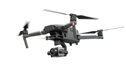 Professional aerial drone with advanced camera for photography and videography, isolated as a crisp PNG on white, showcasing modern flying technology
