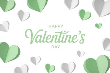 Valentines Day greeting with green hearts in minimalist style with soft pastel colors on white background for romantic invitation