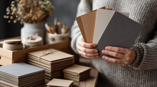 Woman showing corrugated cardboard sample. Handcraft packaging material selection. Paper texture selection for rustic craft project.