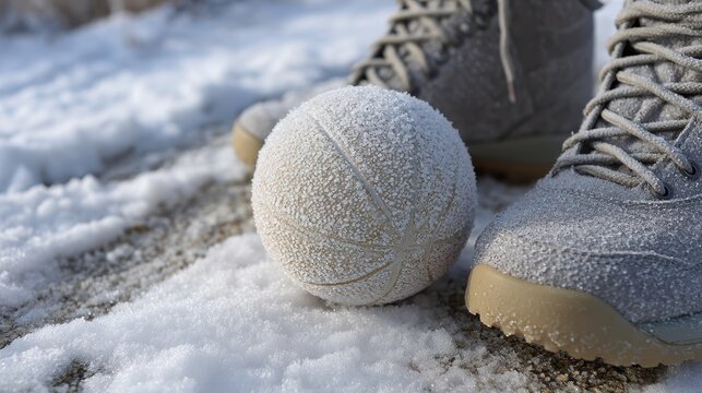 sports gear photography, capturing frozen sports gear in natural light, such as a frost-covered basketball and snowy boots on an icy court