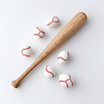 Baseball bat with easter eggs in baseball style on white background, sport holiday flat lay composition