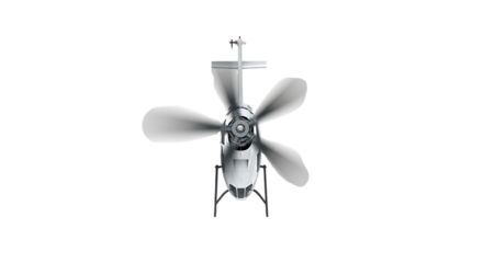 Dynamic silver helicopter with rapidly spinning propeller blades, rendered as a clean PNG image on a transparent background, showcasing efficient aerial motion